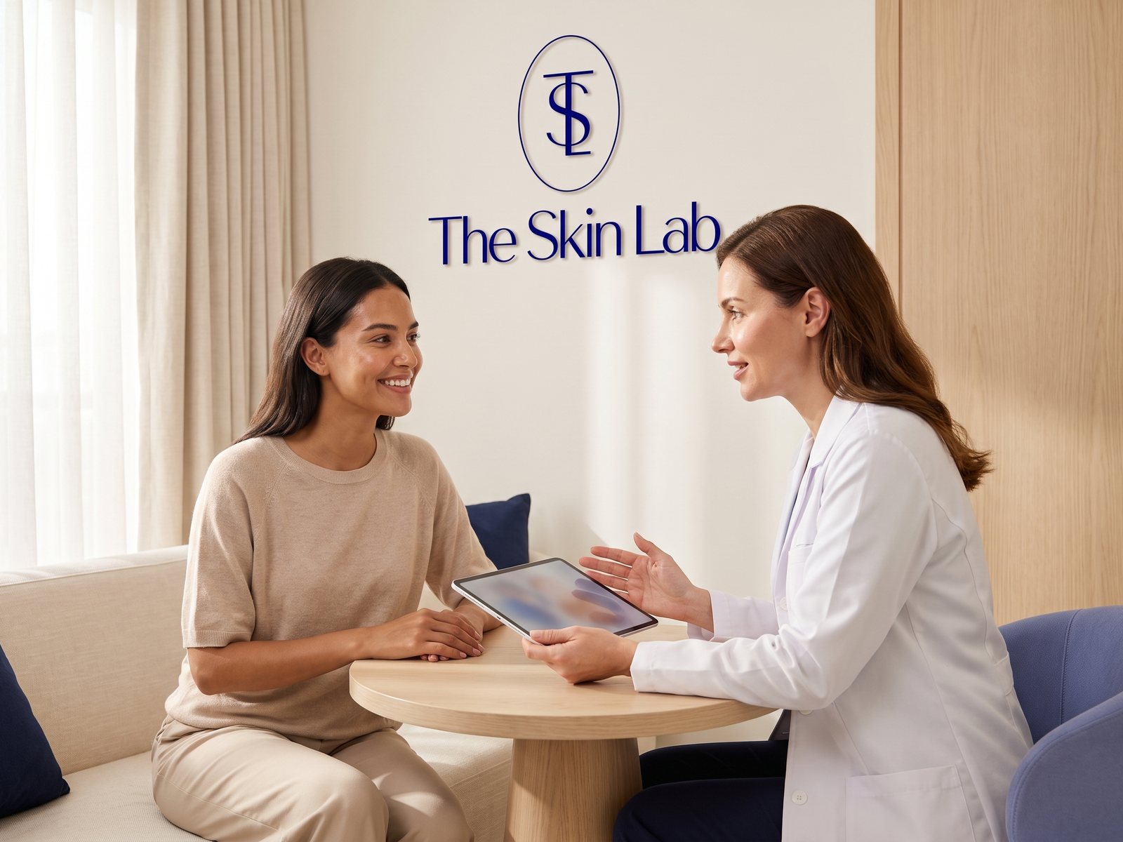 A doctor and a client talking through a treatment plan at The Skin Lab