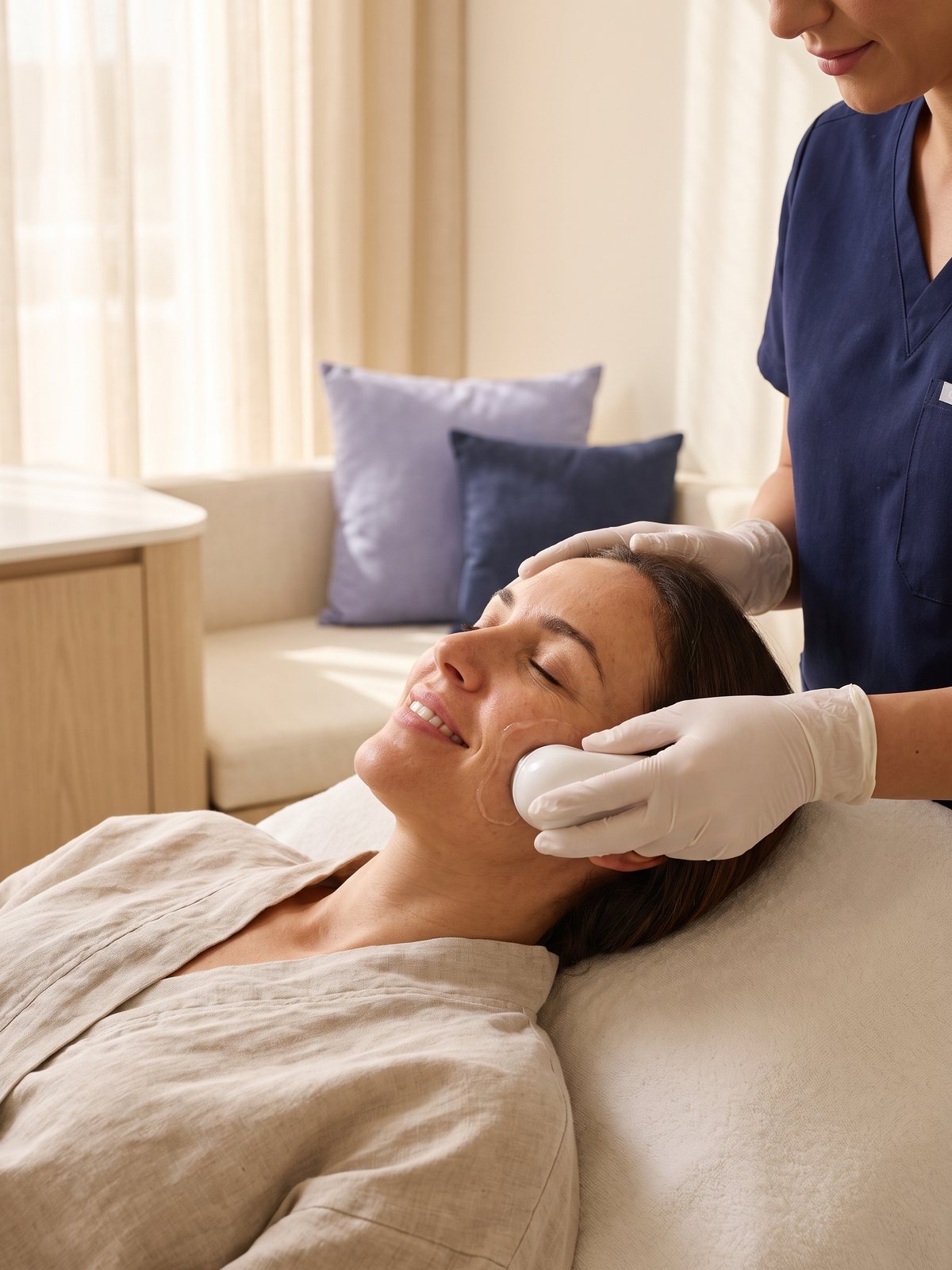 A clinician treating a client's cheek with a radiofrequency handpiece at The Skin Lab