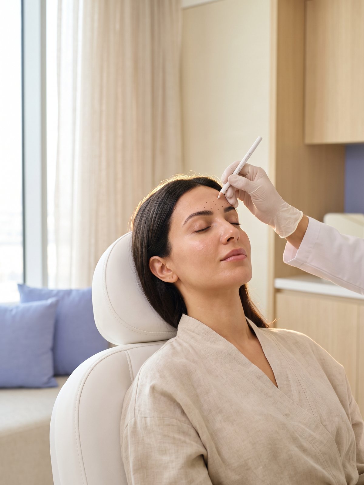 A doctor marking treatment points on a client's forehead at The Skin Lab